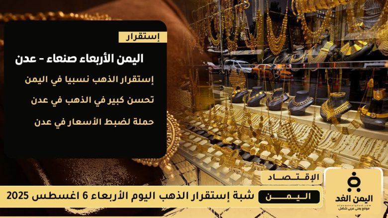 عدن إستقرار سعر الذهب اليوم 6 أغسطس 2025 وإرتفاع طفيف في صنعاء سعر الذهب اليوم 6 أغسطس 2025